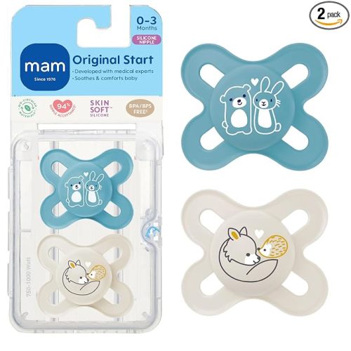 MAM Original Start Matte Baby Pacifiers 0-3 Months, BPA-Free Skin Soft Silicone Nipple, Developed with Medical Experts Specially for Smaller Newborn Mouths, Easy to Clean, 2 Pk with Sterilizer Case