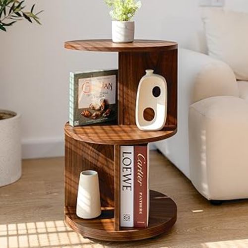 KAYMILY Side Table for Living Room, Circle Bookshelf Office End Table, Mid Century Modern Nightstands for Bedroom, Contemporary Round Sofa Tables for Your Home – Easy Assembly - Walnut
