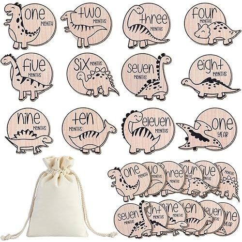 12 Pcs Wooden Baby Milestone Cards with Linen Bag Baby Monthly Milestone Marker Discs Signs Baby Announcement Cards for Pregnancy Growth Baby Shower Gifts Newborn Photo Props (Dinosaur Style)