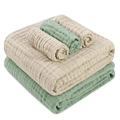 HardNok Muslin Baby Bath Set - 2 Large Gauze Towels & 3 Washcloths, 6-Layer 100% Muslin Cotton for Sensitive Skin. Multi-Use as Towel & Blanket. Perfect for Baby Showers & New Moms (Warm Series)