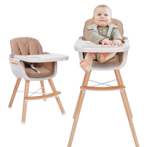 Mallify 3-in-1 Convertible Wooden High Chair, High Chairs for Babies and Toddlers, Baby High Chair with Adjustable Legs & Dishwasher Safe Tray, Made of Sleek Hardwood & Premium Leatherette, Brown