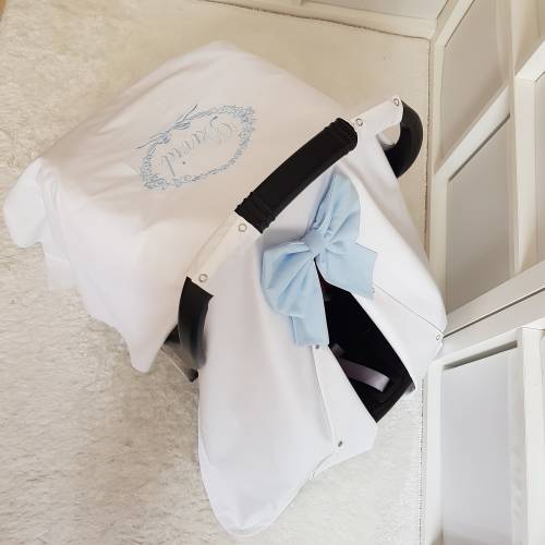 White Baby Car Seat Cover Boy with Blue Name Embroidery , Personalized Carseat Canopy Cover Baby Boy , Baby Shower Gift for Boy