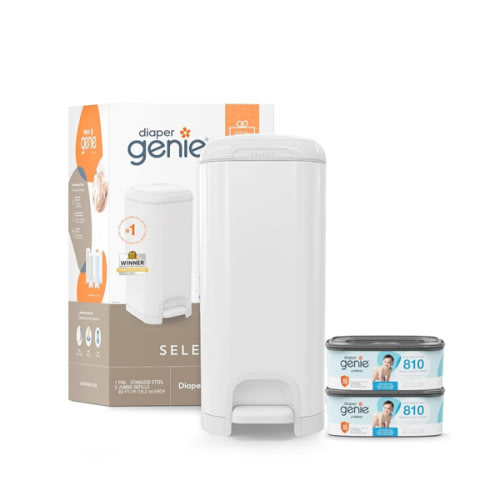 Diaper Genie Select Pail Registry Gift Set (White) | Made of Durable Stainless Steel Metal | Includes 2 Jumbo Refills | Holds 1620 Newborn Diapers