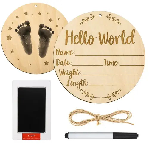 Baby Announcement Sign, 5.9 Inch Round Baby Nursery Name Signs with Ink Pad for Baby Hand and Footprints Wooden Hello World Newborn Sign for Photo Prop