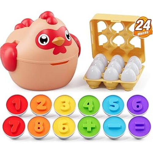 Matching Eggs for Toddlers 1-3, 24PCS Egg Toys/Eggs Holder, Chicken Montessori Geometric Learning Sensory Toys, Color Shape Sorting Puzzle Game Easter Gifts for Baby Boys Girls