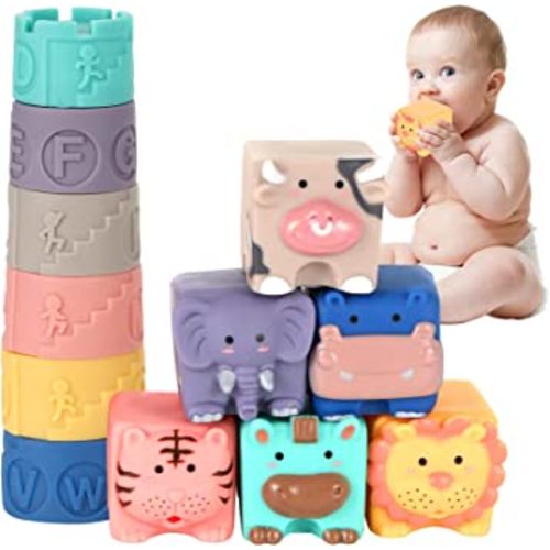 Soft Baby Blocks 6 to 12 Months and Up, Sensory baby stacking toys Babies Bath Toy, Infant Stacking Cup, Building Blocks for Boys& Girls Teething Toy Play, Activity Gym, Animal Squeeze Block Set 12Pcs