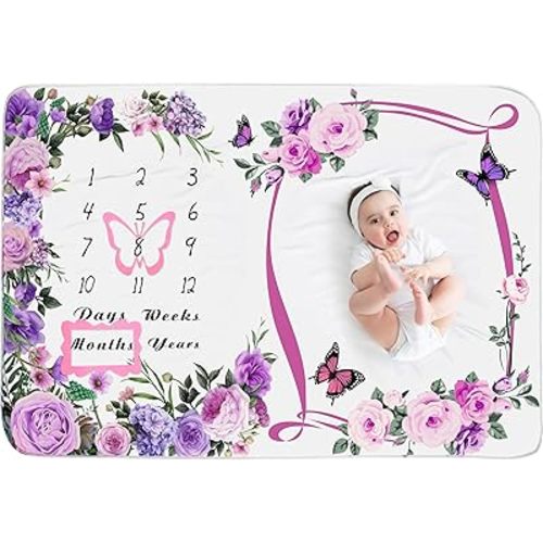Chumia Baby Monthly Milestone Blanket for Baby Girl 59"x39" Floral Butterfly Photo Prop Blanket Baby Age Milestone Blanket with 2 Felt Floral Wreath Frame (Purple)