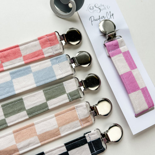 Checkered Pacifier Clip, Binky Holder, Retro Baby Outfit, Checkerboard Baby, Blue Check Gift, Pink Check Baby, Baby Easter Basket Filler