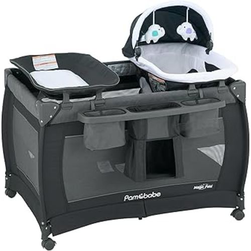 Pamo Babe Playard Magic Fold Playpen Foldable Playard for Baby Portable Playpen Deluxe Nursery Center with Newborn Bassinet Infant Bassinet Diaper Changer