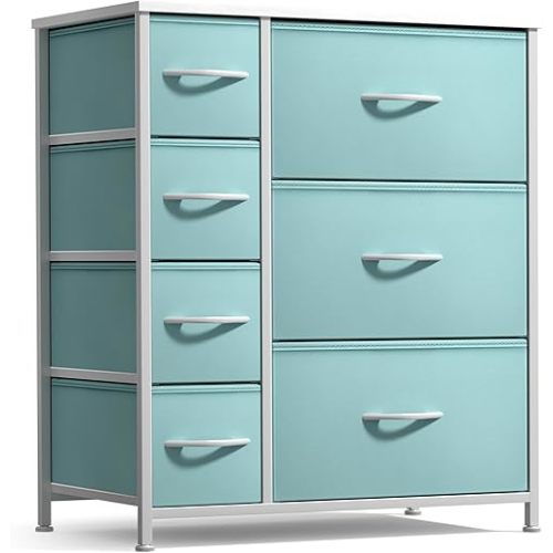 Sorbus Dresser with 7 Drawers - Furniture Storage Chest for Kid’s, Teens, Bedroom, Nursery, Playroom, Clothes, Toys - Steel Frame, Wood Top, Tie-dye Fabric Bins (7-Drawer, Pastel Aqua)