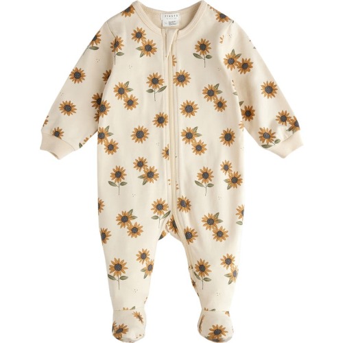 Baby Sunflower Print Cotton Footed One-Piece Pajamas, 6M, Beige