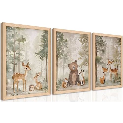 Framed Woodland Wall Art Set of 3, Wild Animals Nursery Wall Decor, Cute Bear Fox Deer Watercolor Canvas, Forest Animal Pictures Print for Baby Room Decor Home Decoration – 12X16 inch