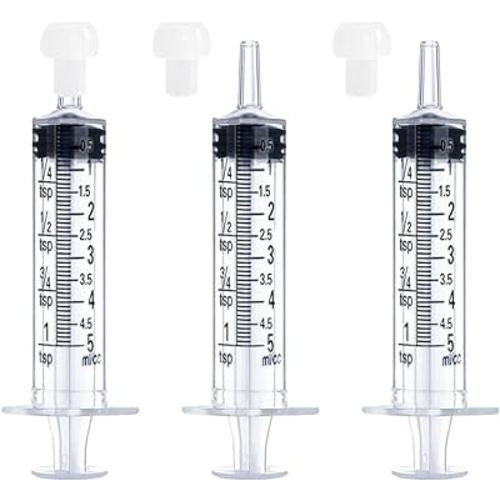 5mL Syringe for Liquid, Food, Oral, Scientific Labs, Measurement, Dispensing, Press-In Adapter, Craft, Big Tip with Cap- 3 Pack 5ml Syringes with tsp & mL Measurement