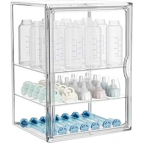HBlife Baby Bottle Storage Organizer for Countertop Cabinet, 3 Tiers Adjustable Clear Acrylic Bottles Storage Station Case Box Container with 2 Removable Dividers and Magnetic Door, X-Large