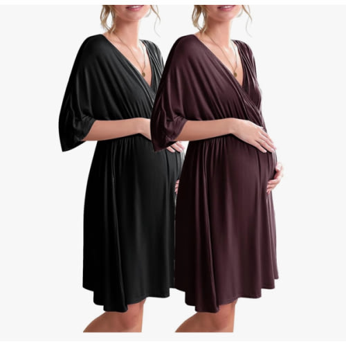 Ekouaer 3 in 1 Labor/Delivery/Hospital Gown 2 Pack Maternity Dress Nursing Nightgown Sleepwear