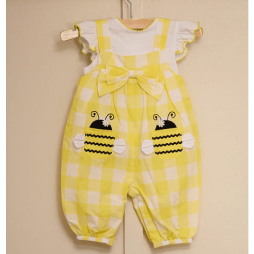 Infant 2 Piece Bee Pocket Yellow Check Bow Jumper