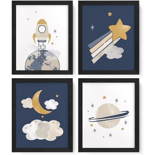 JXREQ Space Nursery Decor for Kids Boys Toddler Room Playroom Nursery Classroom Space Posters Wall Art Prints Set of 4, Cute Wall Decor for Kid Baby Boy Bedroom, 8x10 Inch Unframed