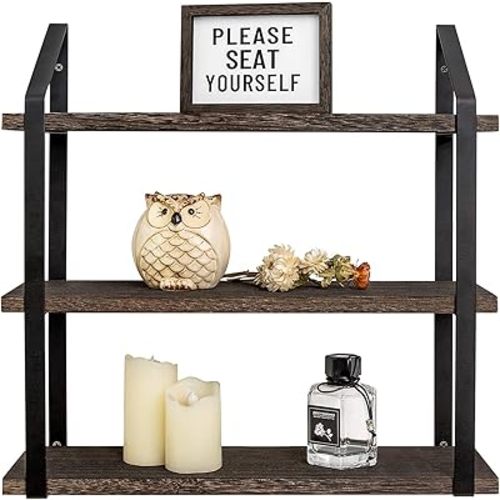 Mkono Floating Wall Shelves 3 Tier 17 Inch Rustic Hanging Shelf with Metal Bracket Wall Mount Wood Storage Display Shelves for Living Room Bathroom Bedroom Kitchen Office,Medium