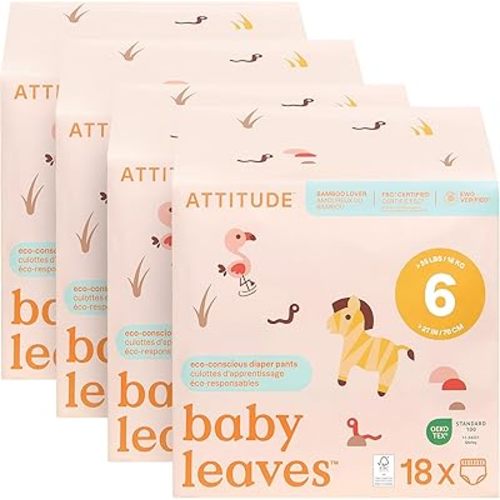 ATTITUDE Eco-Conscious Disposable Training Pants, EWG Verified, Size 6 (35 lbs), Easy to Pull Up, Ultra Absorbent Potty Diapers for Girls and Boys, Vegan & Plant-Based, 18 Count (Pack of 4)