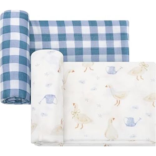 LifeTree Baby Swaddle Blankets, Boys Girls Muslin Swaddling Wrap Receiving Blanket for Newborn, 70% Viscose from Bamboo and 30% Cotton, Large 47" x 47", Duck and Checkered
