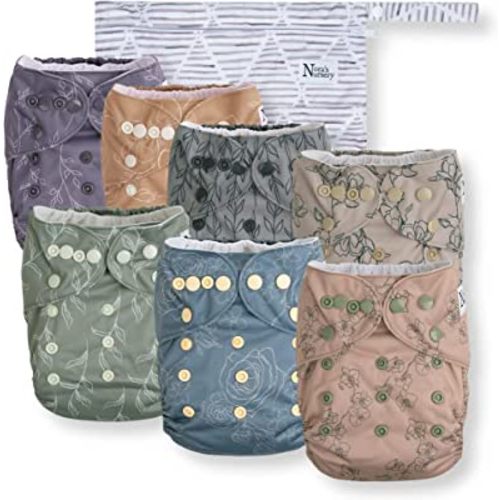 Nora's Nursery Cloth Diapers 7 Pack with 7 Bamboo Inserts & 1 Wet Bag - Waterproof Cover, Washable, Reusable & One Size Adjustable Pocket Diapers for Newborns and Toddlers - Modern Blooms