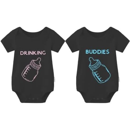 YSCULBUTOL Baby Twins Bodysuit Drinking Buddies Newborn Baby Romper Twins Boy Girl Matching Outfits Triplets Set