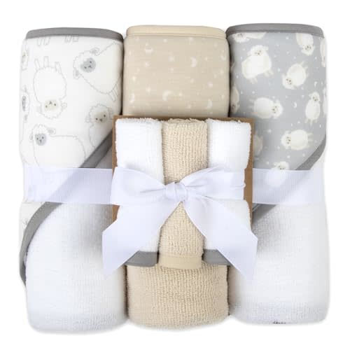Hooded Baby Bath Towel and Washcloth 6 Piece Set for Newborns, Infants & Toddlers, Boys & Girls Baby Hooded Towels Set (Little Lambs & Moons)