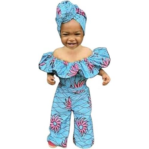 Infant Off Shoulder Romper Dashiki Jumpsuit+Headband Girls African Baby Girls Romper&Jumpsuit 18m (Blue, 3-6 Months)