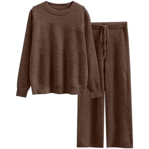 ANRABESS Women's Fuzzy Fleece Pajama Sets 2 Piece Outfits Long Sleeve Top Wide Leg Pants Lounge Matching Set 2025 Fall Winter