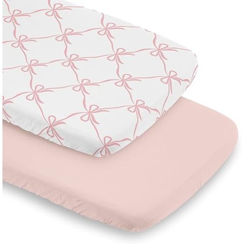 Sweet Jojo Designs 2-Piece Baby Bassinet Sheets Set (Pink Bows) for Girls, Infant Nursery, Toddler Room - Oval Rectangle Hourglass Mattress (Solid Blush & White Bow for Ballerina, Ballet Collection)