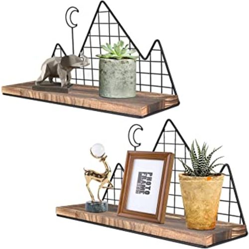 Homode Floating Shelves, Set of 2 Mountain Wall Shelves, Rustic Wood Display Storage Shelf with Metal Wire, Geometric Decor for Bathroom, Nursery, Bedroom, Office, Brown and Black