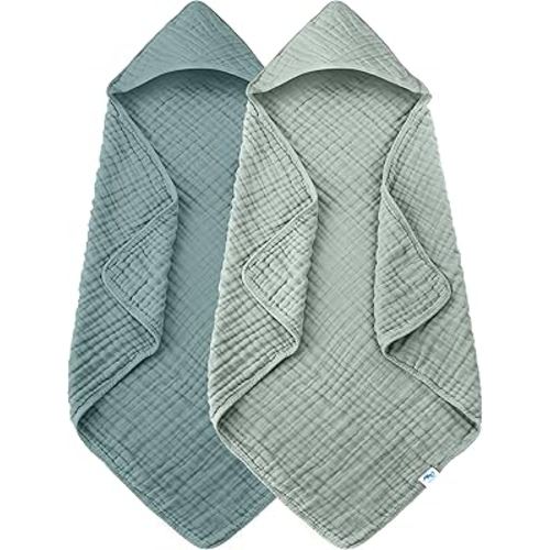 SWEET DOLPHIN Muslin Hooded Baby Bath Towels - 2 Pack 100% Cotton Towel for Babies, Infants, Toddlers - 32x32Inch - Highly Absorbent and Newborn Essential, Light Emerald