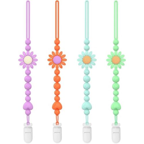Pacifier Clip, 4 Pack Silicone Pacifier Clip with One Piece Design for Newborn Boys and Girls, Floral Patterns Pacifier Holder Clip Fits for Most Pacifier, Baby Teethers, Baby Shower
