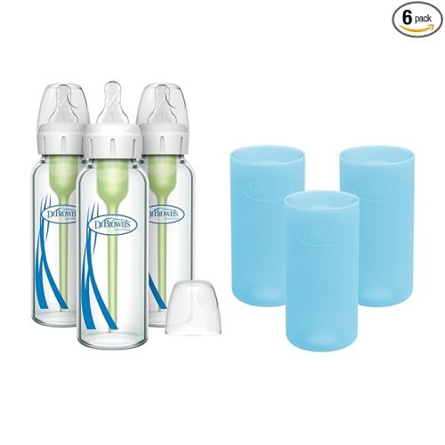 Dr. Brown's Anti-Colic Options+ Narrow Glass Baby Bottles 8 oz/250 mL, with Level 1 Slow Flow Nipple, 3 Pack 0m+ with Blue 100% Silicone Sleeves, BPA-Free