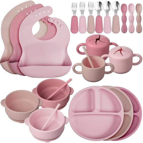 24 Pack Silicone Baby Feeding Set Baby Led Weaning Supplies Includes Suction Divided Plates Soft Bowl Spoons Forks Adjustable Bib Snack Cup and Straws for Baby (Dark Pink, Dusty Pink, Peach Color)