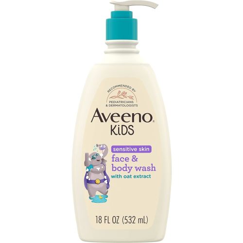 Aveeno Kids Sensitive Skin Face & Body Wash with Oat Extract, Gently Washes Away Dirt & Germs Without Drying, Tear-Free & Suitable for All Skin Tones, Hypoallergenic, 18 fl. Oz