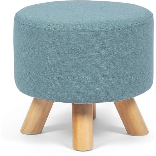 Asense Small Round Ottoman Foot Rest Stool Fabric Padded Seat Footstool Ottoman with Anti-Slip Wooden Legs (Light Blue,Fabric)
