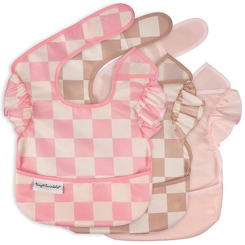 Tiny Twinkle Mess-Proof Baby Bibs for Eating | Waterproof, Wipeable Toddler Bibs with Catch-All Pocket | Feeding Bibs for Girls & Boys(3 Pack,Checkers Girl)