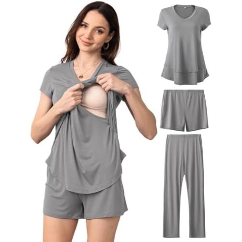 SUNNYBUY 3 PCS Maternity Breastfeeding Pajamas Set, Hidden Nursing Tops, Adjustable Pregnancy Shorts & Pants Postpartum PJS
