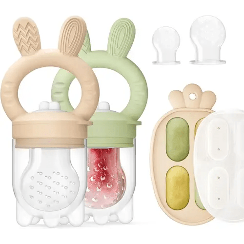 2 Packs Baby Fruit Feeder & Freezer Nibble Tray Combo, Push Pop Baby Food Feeder to Safely Introduce New Foods, Fresh & Frozen Food Silicone Feeder, 100% Food Grade, BPA Free (Caramel & Olive)