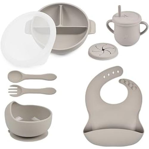 Silicone Baby Feeding Set - Perfect silicone plates for baby and Toddler Plates with lid, Baby Bowls with Suction, Baby Utensils - Baby Led Weaning Supplies and Eating Essentials - (Gray)