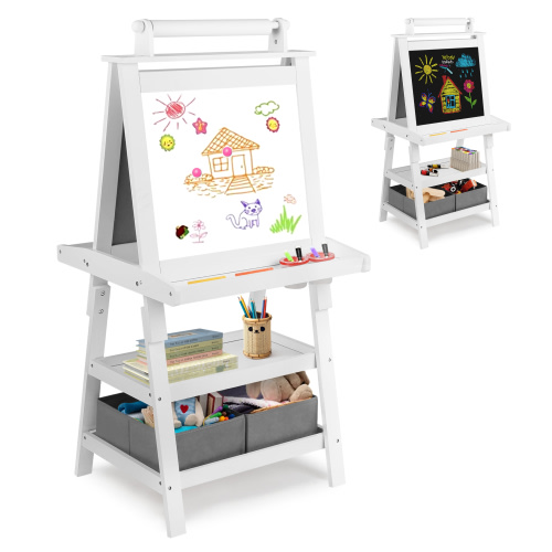 AILEEKISS 3 in 1 Kids Art Easel Double-Sided Magnetic Whiteboard Chalkboard with Paper Roller, White