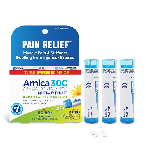 Boiron Arnica Montana 30C Homeopathic Medicine for Relief from Muscle Pain, Muscle Stiffness, Swelling from Injury, and Discoloration from Bruises - 3 Count (240 Pellets)