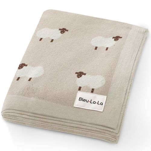 Bleu La La 100% Luxury Cotton Knit Swaddle Receiving Blanket For Blanket For Newborn And Infant Boys And Girls - Sheep - Khaki
