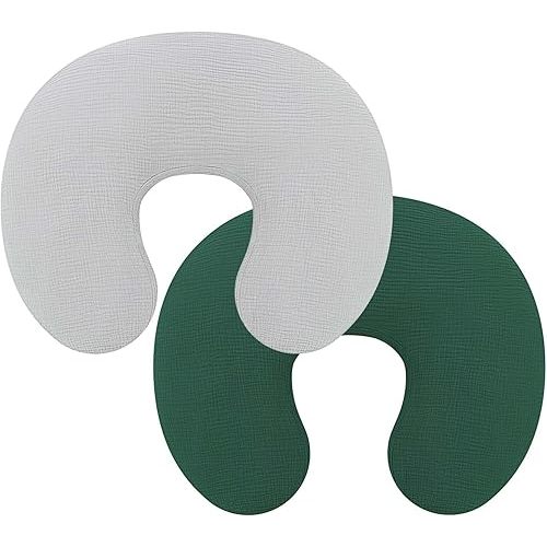 Pro Goleem Muslin Nursing Pillow Cover, 100% Cotton Soft Breathable Feeding Pillow Slipcover for Breastfeeding Moms, Fits Standard Infant Nursing Pillow, for Boys and Girls, 2 Pack (Grey&Green)