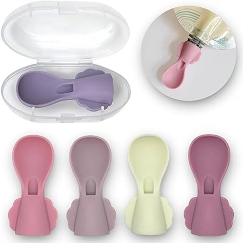 LittleWhispers Stage 1 Baby Pouch Spoon Attachment - 5 Pack Small Spoons - Travel Case Included - Silicone Baby Food Pouch Spoon Tops - Squeeze Baby Pouch Topper