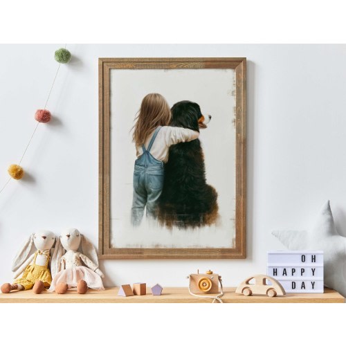 Girl & Bernese Mountain Dog Art Print, Bernese Mountain Dog Nursery Decor, Berner Sennen Painting, Kids' Dog Decor, Printable Girl Wall Art