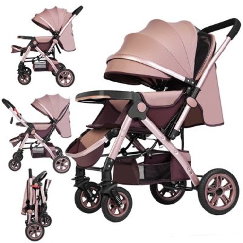 Minikid Convertible Baby Stroller,Unisex Folding Infant Newborn Bassinet Stroller,Travel Stroller Support Two-Way Push,Brown