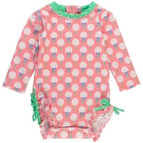 RuffleButts Baby Girls UPF 50+ Sun Protection Novelty Print Long Sleeve One Piece Rash Guard Swimsuit with Zipper