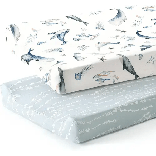 GRSSDER Stretch Ultra Soft Jersey Knit Changing Pad Cover Set 2 Pack, Change Table Pad Covers Fit 32"/34" x 16" Pads Safe and Snug, Sea Fish Print for Girls and Boys